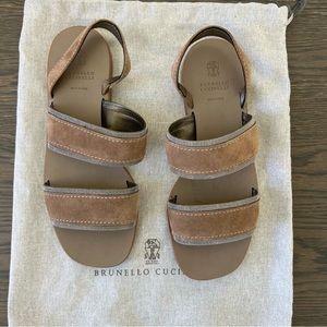 Bruno Cucinelli Suede and Silver Sling Back Flat Sandals. Size 7